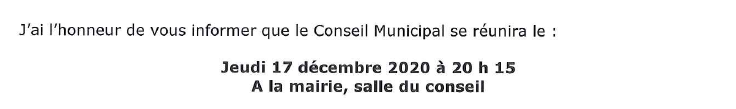 PROCHAIN CONSEIL MUNICIPAL – 17 DECEMBRE 2020